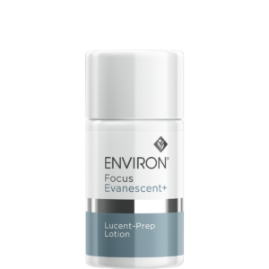 White skincare lotion bottle labeled Environ Focus Evanescent+ Lucent-Prep Lotion with a blue band around the lower portion.