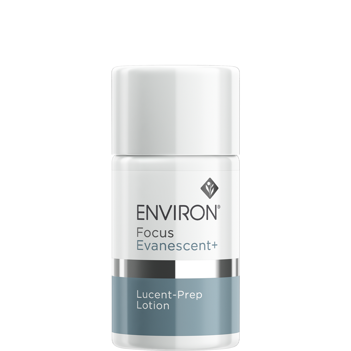 White skincare lotion bottle labeled Environ Focus Evanescent+ Lucent-Prep Lotion with a blue band around the lower portion.